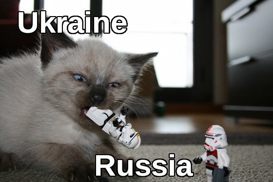 Kitten captioned 'Ukraine' playing with LEGO Clone Trooper minifigures captioned 'Russia'