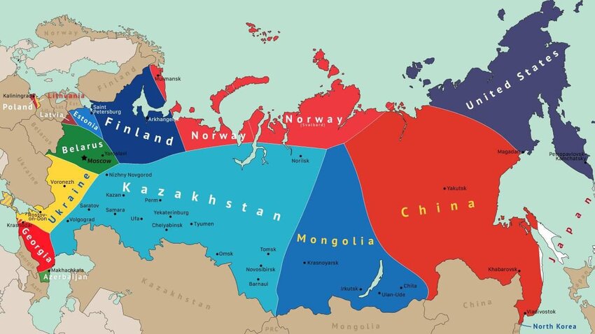 map of which Russian territories are closest to Russia's neighbors