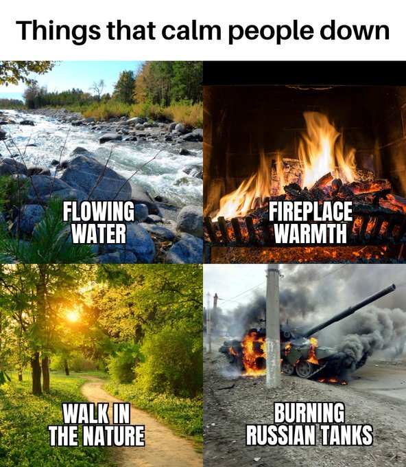 Things that calm people down: flowing water, fireplace warmth, walk in the nature, burning Russian tanks