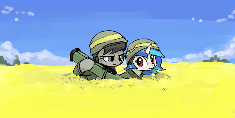 ponies in fatigues in a yellow field with a blue sky