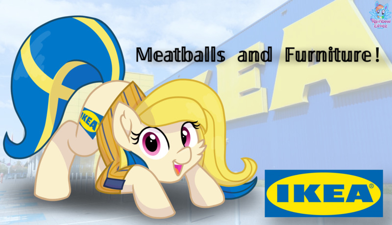 Swedish pony in front of an Ikea, caption 'Furniture and meatballs!'