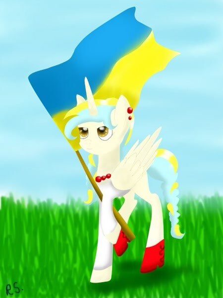 pony in muted Ukraine colors carries Ukrainian flag