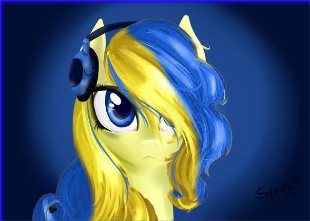 pony in Ukraine colors wearing headphones