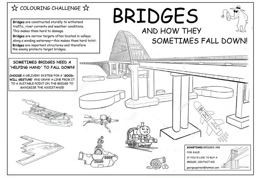 coloring book image of Kerch bridge, 'Bridges and how they sometimes fall down'
