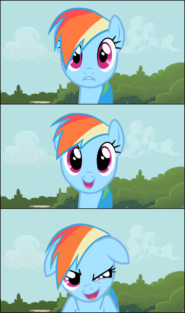 Rainbow Dash, first looking spprehensive, then excited, then sneaky