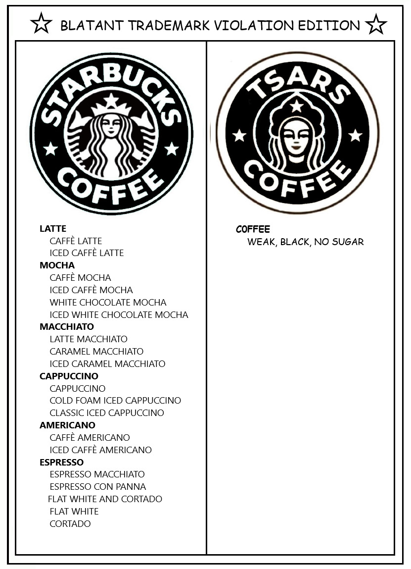 coloring book page with Starbucks coffee and Tsars coffee, former has full menu, latter has one thing