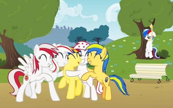 Poland, Ukraine, Sweden, and other ponies are all having fun, while Russia pony is hanging from a tree