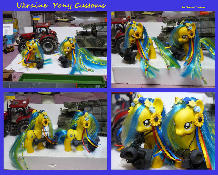 Customized MLP toys in Ukraine colors, in front of a tractor towing a tank