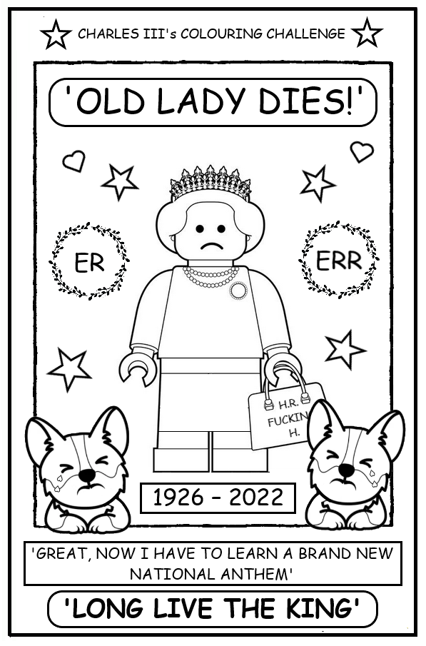 coloring book page about Queen Elizabeth II dying