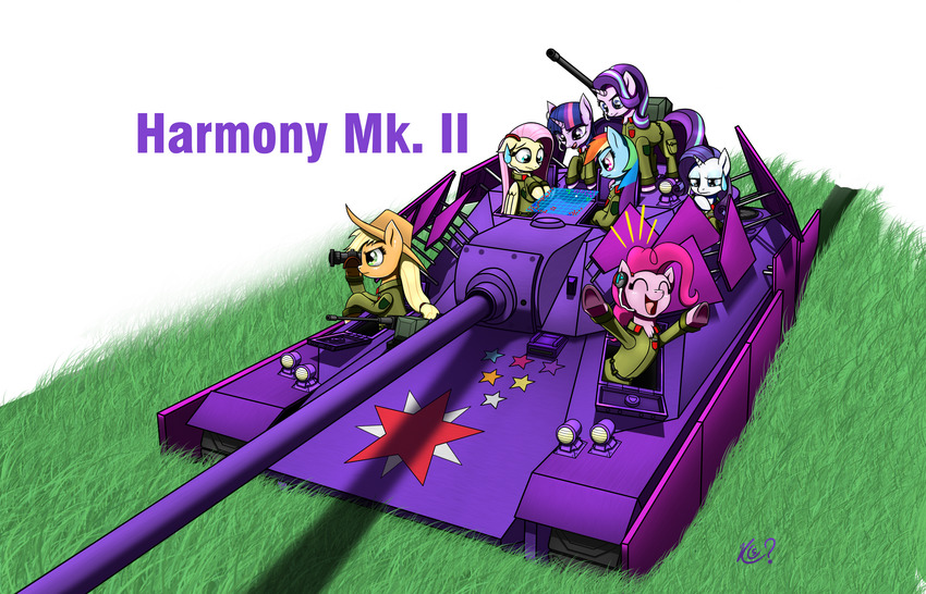 ponies and dragon in blue tank labeled Harmony Mk. II
