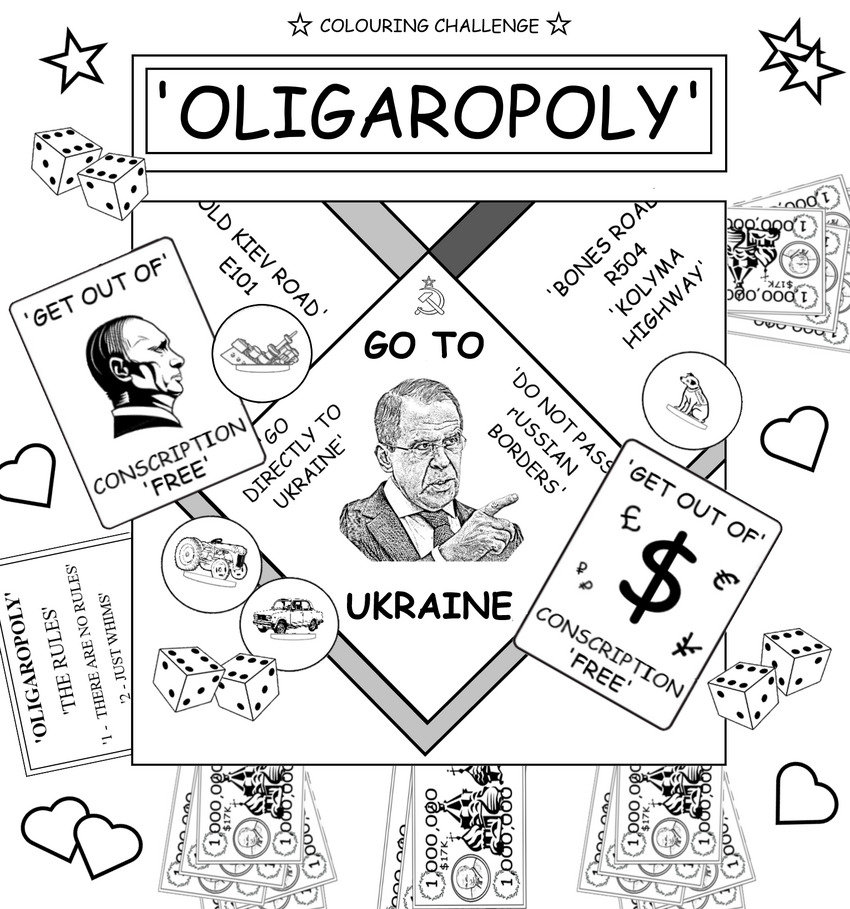 coloring book page equating Russia's government to a bad Monopoly game
