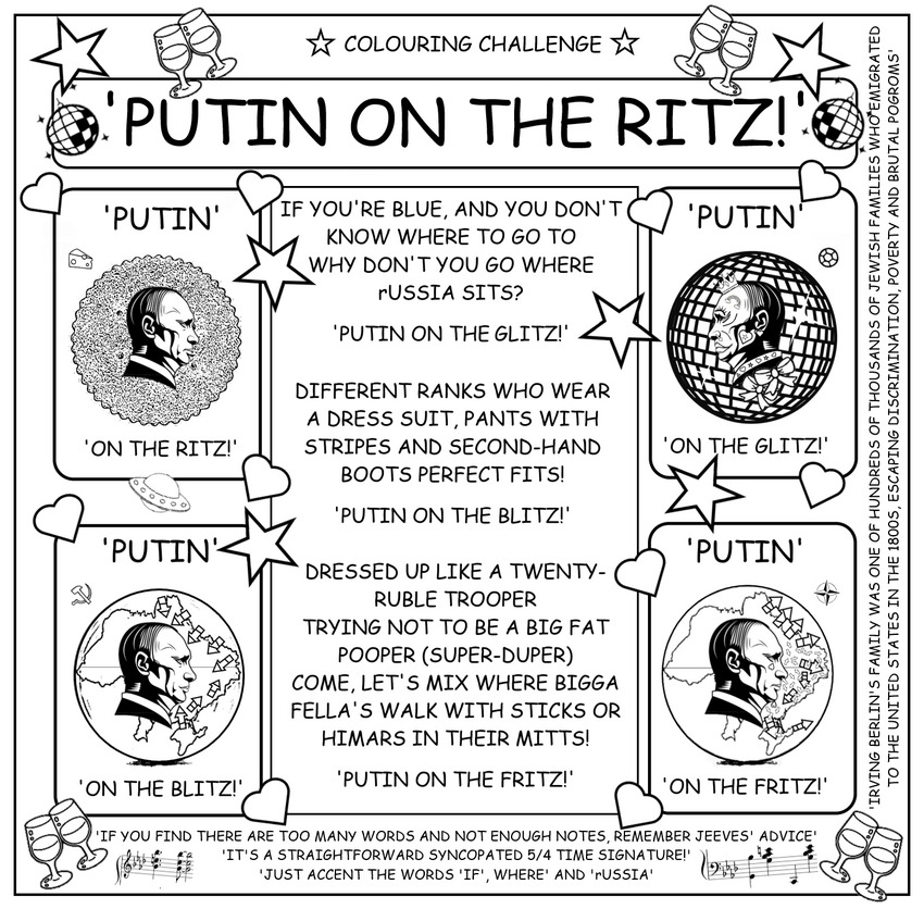 coloring book page where Putin sings 'Puttin' on the Ritz'