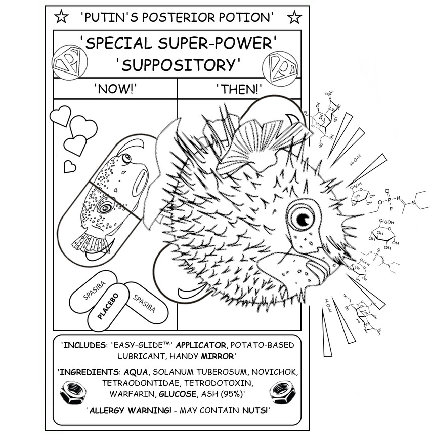 coloring book page about Putin's special super-power suppository, which contains a puffer fish