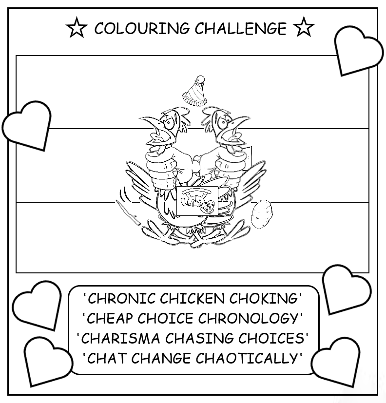 coloring book page about the Russian flag and a double-headed chicken, 'Chronic Chicken Choking'