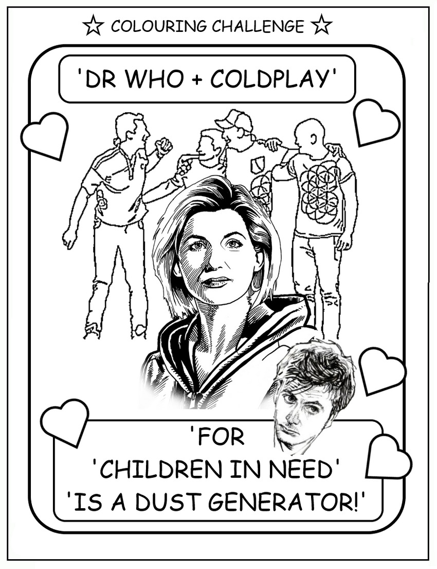 coloring book page depicting Dr. Who and Coldplay