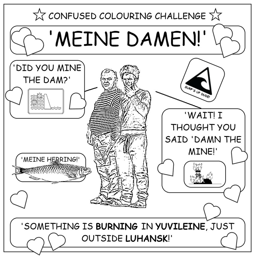 coloring book page about useless mobiks trying to damn the mine instead of mine the dam