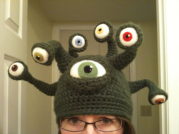 Crocheted hat that looks like a Beholder
