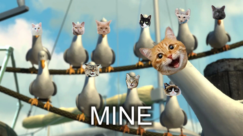 seagulls from Little Nemo saying 'Mine!' with cat heads shopped on them