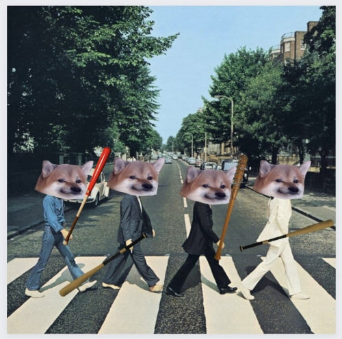 The Abbey Road album cover, except with all the Beatles' heads replaced with fellas, and the Beatles are carrying Bonk Sticks.