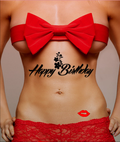 cute woman in red outfit with 'Happy Birthday' written on her midriff