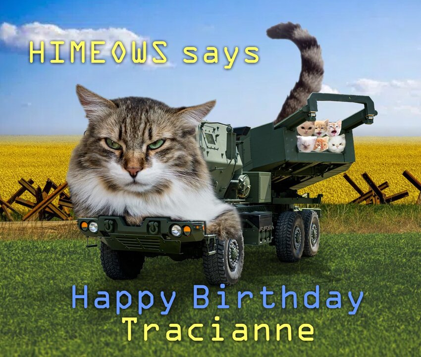 cat head, cat tail, and more cat heads shopped into a HIMARS, captioned 'HIMEOWS says Happy Birthday Tracianne'