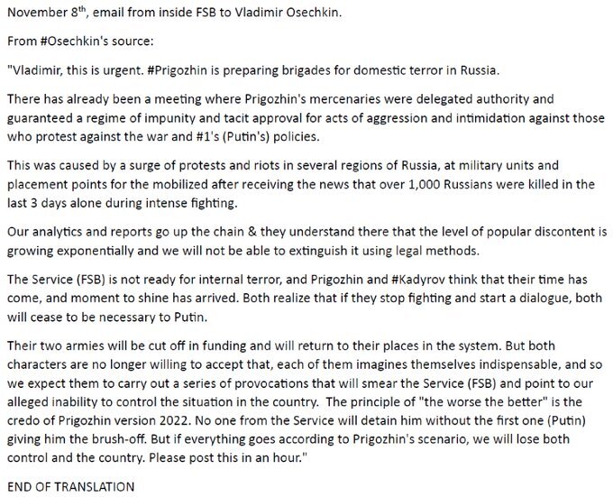 mail warning of Prigozhin preparing brigades for domestic terror in Russia. Popular discontent is growing and no one is ready.