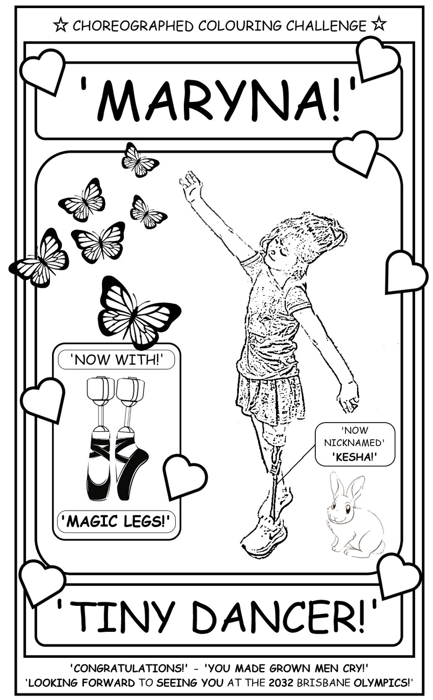 coloring book page about a girl with a prosthetic leg