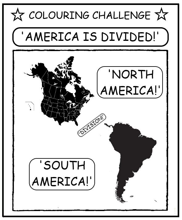 coloring book page about how America is divided (North, South, but Mexico and chunks of Central are missing