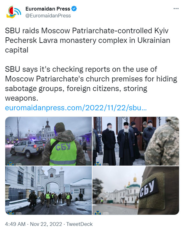 SBU says it's checking reports on the use of Moscow Patriarchate's church premises for hiding sabotage groups, foreign citizens, storing weapons