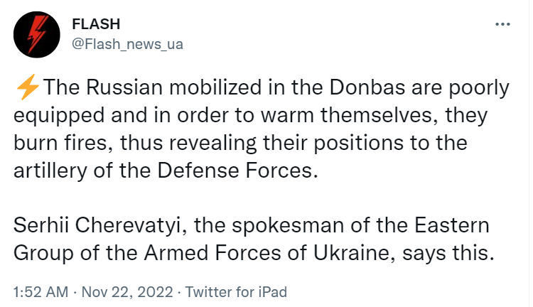 The Russian mobilized in the Donbas are poorly equipped and in order to warm themselves, they burn fires, thus revealing their positions to the artillery of the Defense Forces