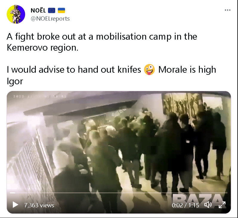 a fight broke out at a mobilization camp in the Kemerovo region. I would advise to hand out knifes. (smile) Morale is high. Igor.