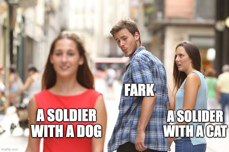 distracted bofriend Fark looks at a soldier with a dog instead of a soldier with a cat