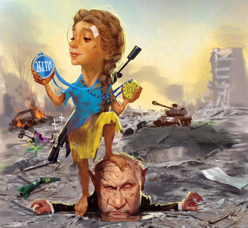 Ukraine woman with NATO and EU medallions in war-torn landscape puts her foot on Putin's head.