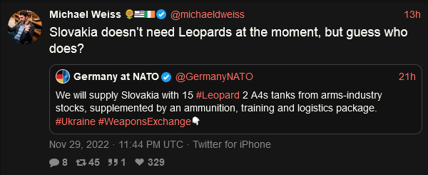 Germany sending Leopard tanks to Slovakia, who will probably send them to Ukraine.