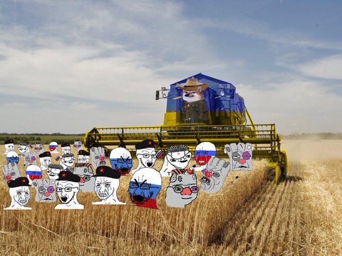 fella riding a combine over a field of vatniks, tankies, and copers