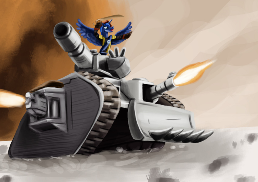 pony in a tank waving a sword