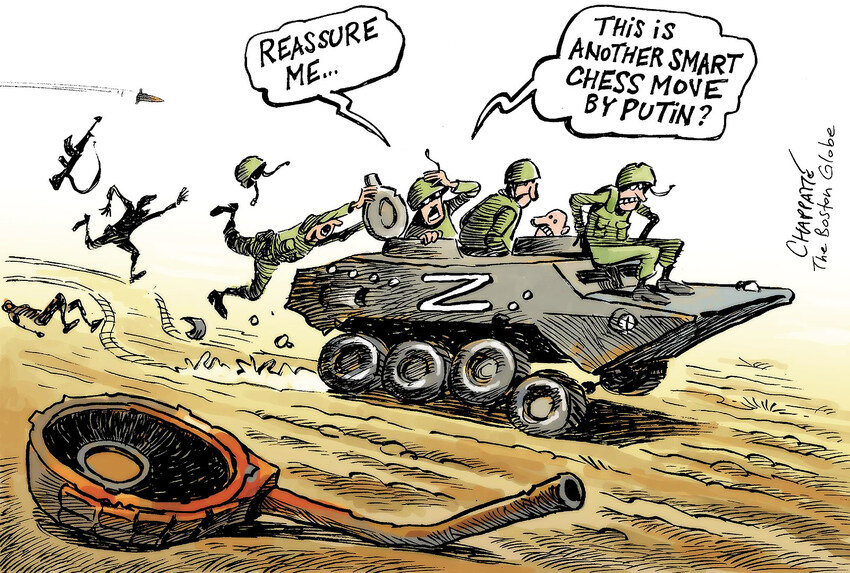 vatniks fleeing in a Z tank, one is saying, 'Reassure me... this is another smart chess move by Putin?'