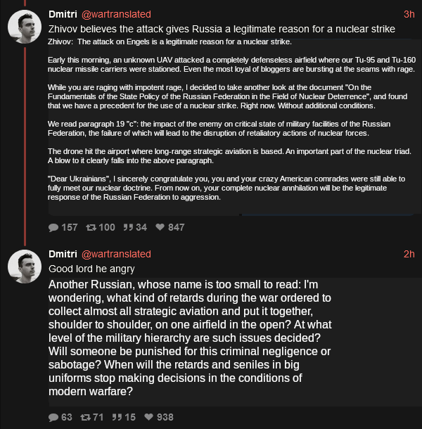 Zhivov believes the attack gives Russia a legitimate reason for a nuclear strike.  Sure, Jan. Another Russian wonders when the retards and seniles in big uniforms stop making decisions in the conditions of modern warfare.