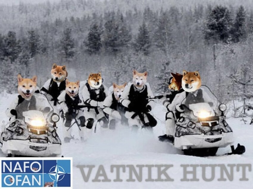 many fellas on snowmobiles with 'Vatnik Hunt' caption