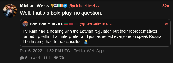 TV Rain had a hearing with the Latvian regulator, but their representatives turned up without an interpreter and just expected everyone to speak Russian. The hearing had to be canceled.