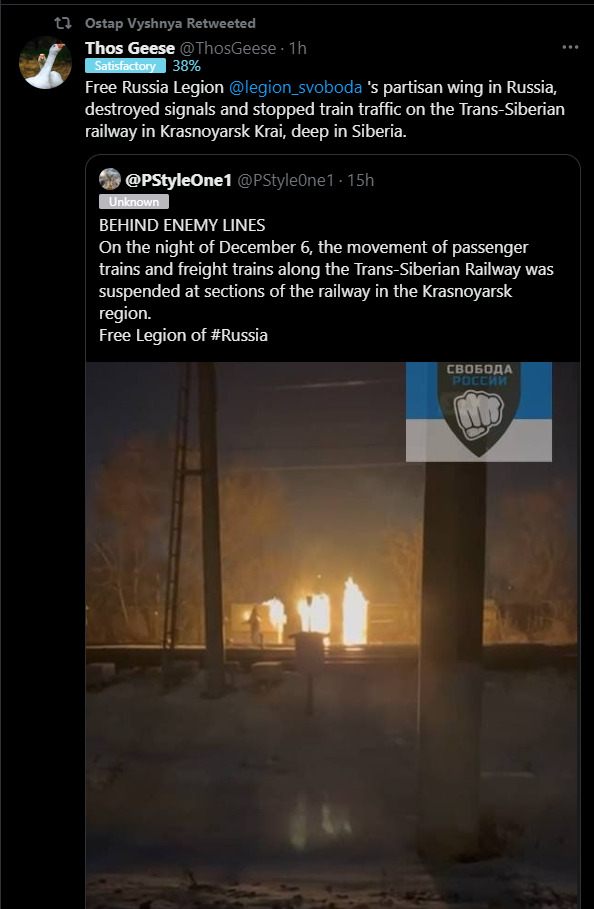 Free Russia Legion's partisan wing in Russia destroyed signals and stopped train traffic on the Trans-Siberian railway in Krasnoyarsk Krai, deep in Siberia.