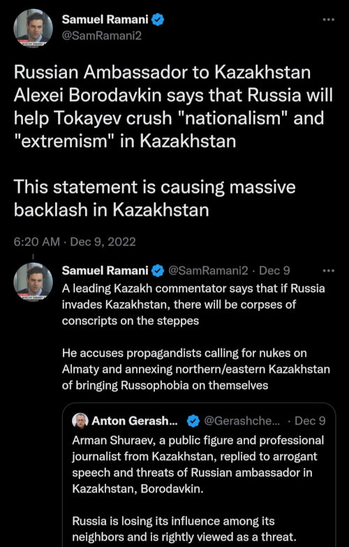 condensed tweet about backlash towards Russian statements about Kazakhstan, and Arman Shuraev saying that Russia is losing its influence among its neighbors and is rightly viewed as a threat.