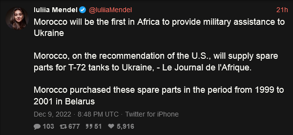 Morocco providing replacement parts for T-72 tanks for Ukraine.