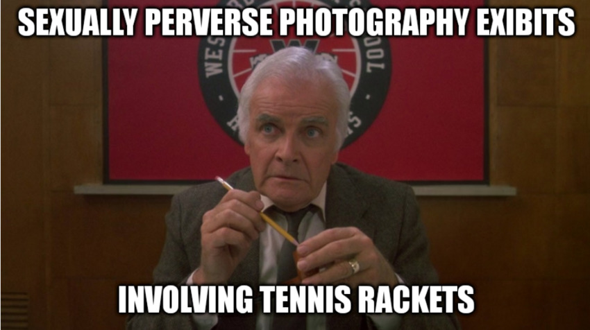 guy in front of a school emblem, caption 'Sexually perverse photography exhibits involving tennis rackets'