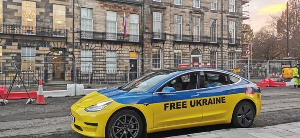 David Fraser has spent the last week sleeping in his 'Free Ukraine' Tesla in front of the Russian embassy in Edinburgh.