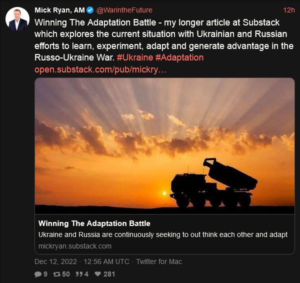 Winning the adaptation battle - my longer article at substack which explores the current situation with Ukrainian and Russian efforts to learn, experiment, adapt, and generate advantage in the Russo-Ukraine war.