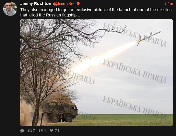 they also managed to get an exclusive picture of the launch of one of the missiles that killed the Russian flagship.