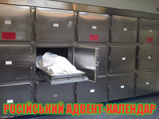 morgue freezer with one door open and one body partially out, captioned 'Russian Advent calendar!'