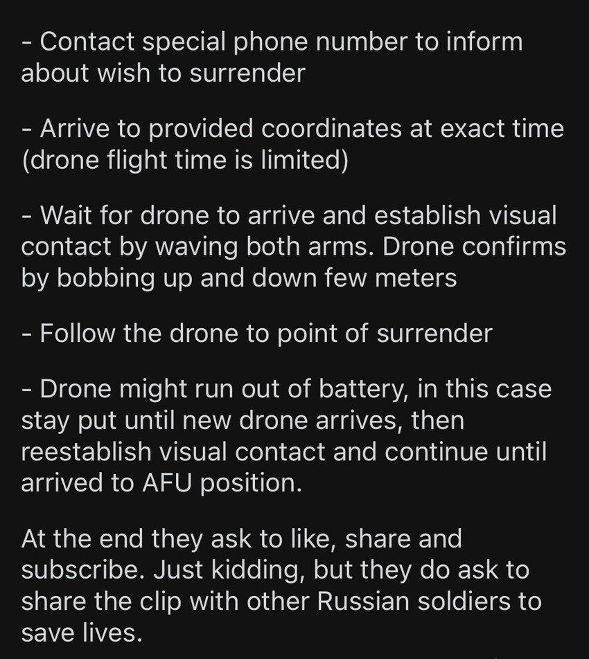 Instructions to Russians on how to surrender to a Ukraine drone, in the form of a tweet.