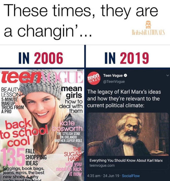Teen Vogue 2006: beauty tips, mean girls, celebrity gossip. Teen Vogue 2019: The legacy of Karl Marx's ideas and how they're relevant to the current political climate.